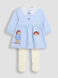 JoJo Maman Bébé Blue Paddington Appliqué Button Front Dress & Tights Set
