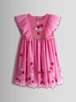 JoJo Maman Bébé Bright Pink Strawberry Wildflower Embroidered Puff Sleeve Tulle Party Dress