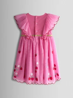 JoJo Maman Bébé Bright Pink Strawberry Wildflower Embroidered Puff Sleeve Tulle Party Dress
