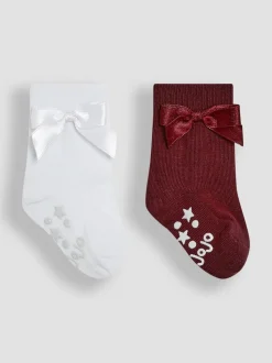 JoJo Maman Bébé Burgundy 2-Pack Bow Socks