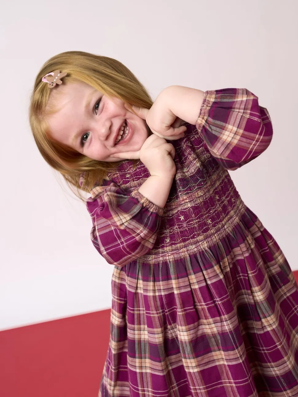 JoJo Maman Bébé Burgundy Smocked Tartan Party Dress