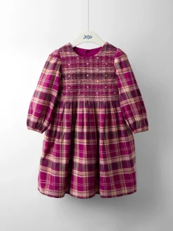 JoJo Maman Bébé Burgundy Smocked Tartan Party Dress
