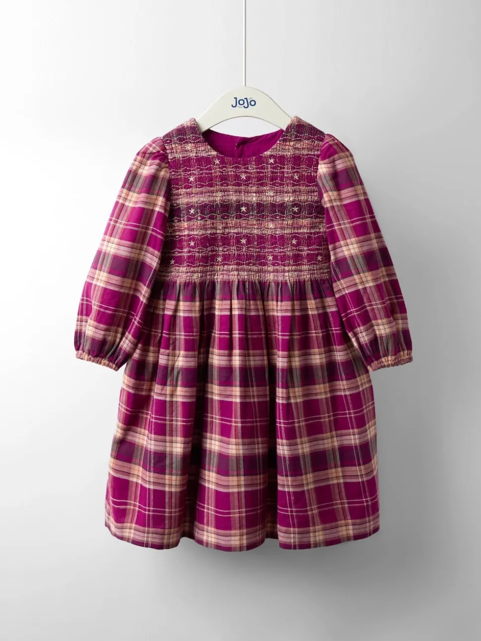 JoJo Maman Bébé Burgundy Smocked Tartan Party Dress