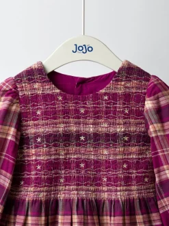 JoJo Maman Bébé Burgundy Smocked Tartan Party Dress