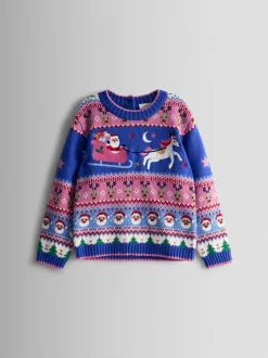 JoJo Maman Bébé Cobalt Blue Multi Santa & Unicorn Fairisle Jumper