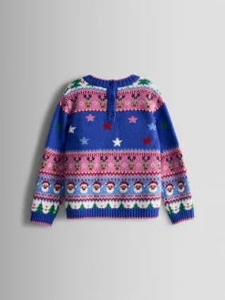 JoJo Maman Bébé Cobalt Blue Multi Santa & Unicorn Fairisle Jumper