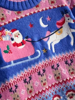 JoJo Maman Bébé Cobalt Blue Multi Santa & Unicorn Fairisle Jumper