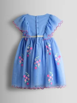 JoJo Maman Bébé Cornflower Blue Floral And Cherry Appliqué Tulle Party Dress