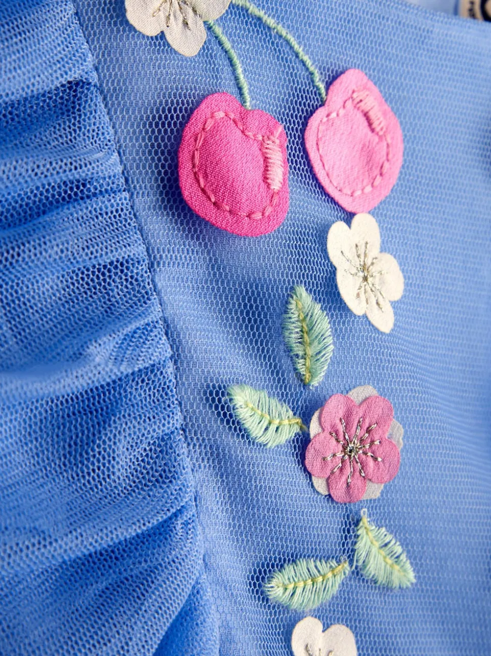 JoJo Maman Bébé Cornflower Blue Floral And Cherry Appliqué Tulle Party Dress