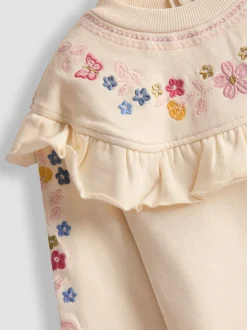 JoJo Maman Bébé Cream Butterfly Floral Embroidered Frill Sweatshirt