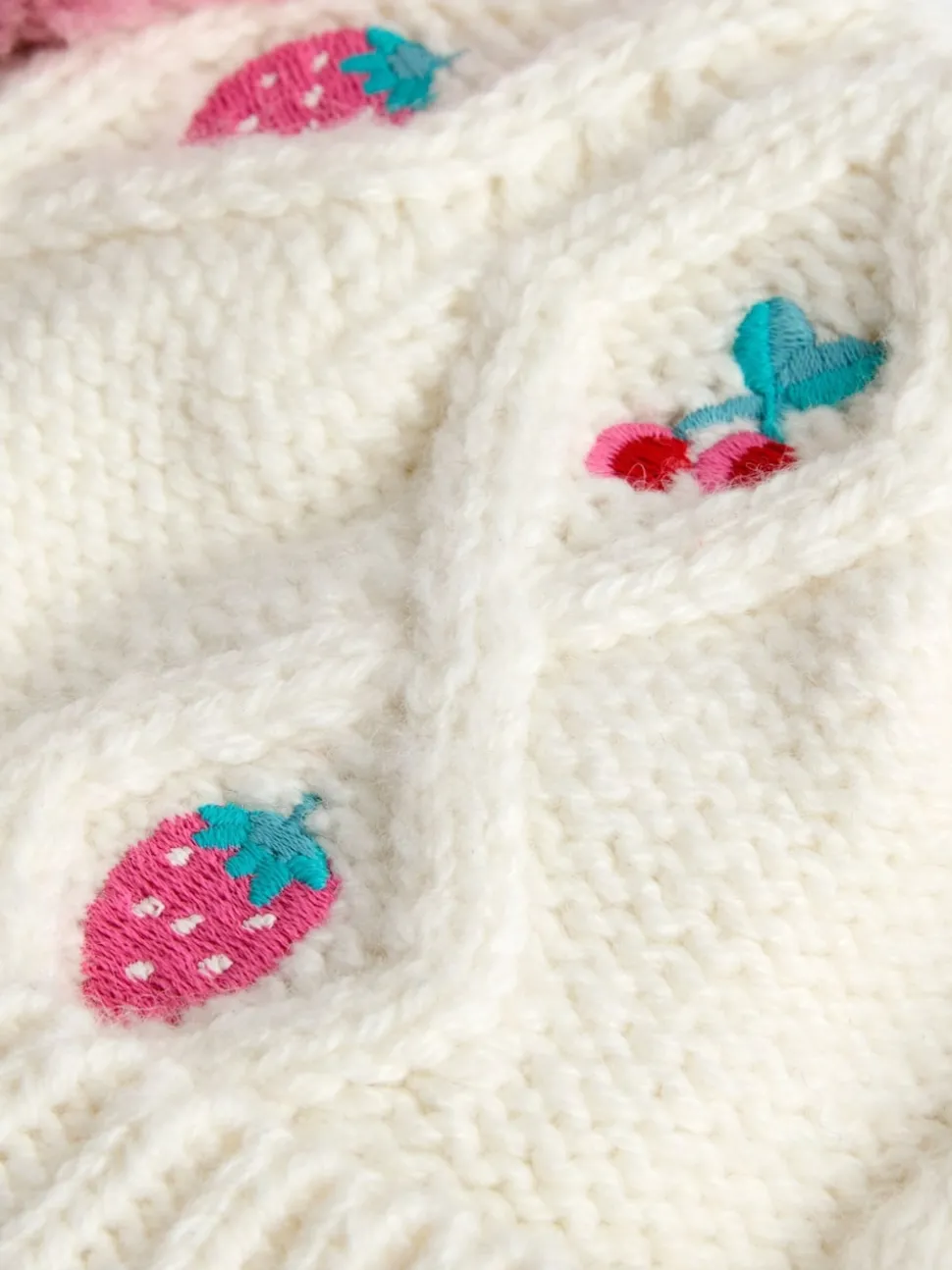 JoJo Maman Bébé Cream Cherry Cherry Applique Pom Pom Knitted Hat