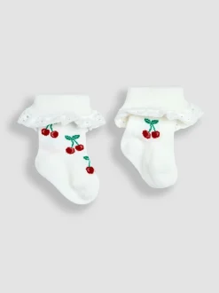 JoJo Maman Bébé Cream Cherry 2-Pack Frilly Socks