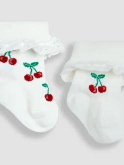 JoJo Maman Bébé Cream Cherry 2-Pack Frilly Socks