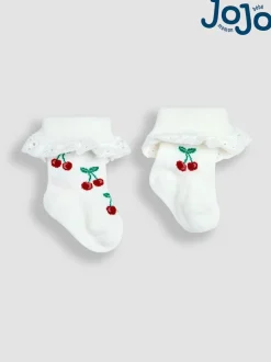 JoJo Maman Bébé Cream Cherry 2-Pack Frilly Socks