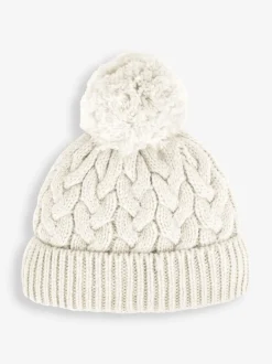 JoJo Maman Bébé Cream Chunky Cable Knit Pom Pom Hat