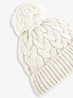 JoJo Maman Bébé Cream Chunky Cable Knit Pom Pom Hat