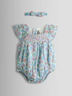 JoJo Maman Bébé Cream Floral Smocked Bubble Romper and Headband Set