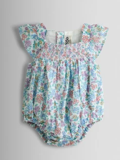 JoJo Maman Bébé Cream Floral Smocked Bubble Romper and Headband Set