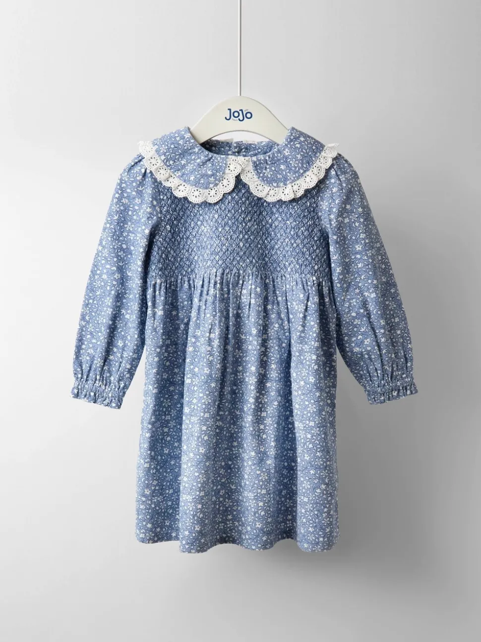 JoJo Maman Bébé Denim Blue Ditsy Smocked Cord Dress