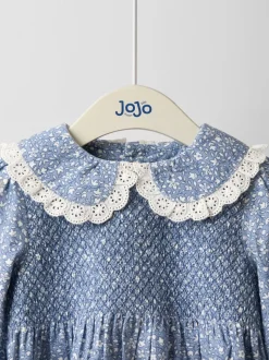 JoJo Maman Bébé Denim Blue Ditsy Smocked Cord Dress