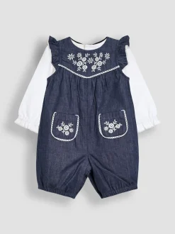 JoJo Maman Bébé Denim Blue Embroidered Chambray Dungarees & Top Set
