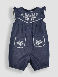 JoJo Maman Bébé Denim Blue Embroidered Chambray Dungarees & Top Set