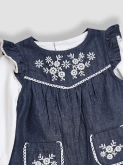 JoJo Maman Bébé Denim Blue Embroidered Chambray Dungarees & Top Set