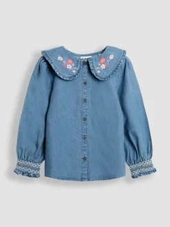 JoJo Maman Bébé Denim Blue Floral Frill Collar Blouse