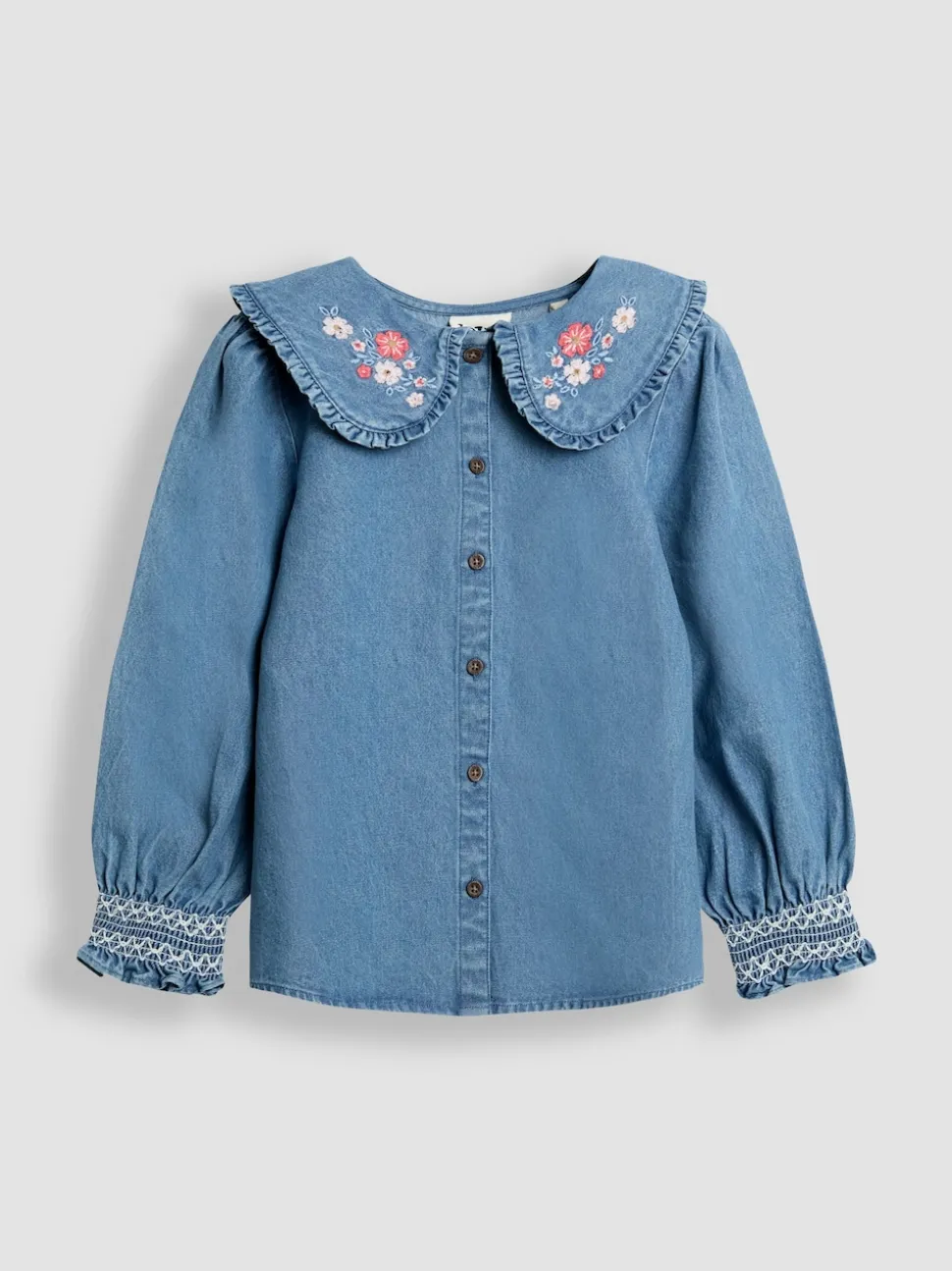 JoJo Maman Bébé Denim Blue Floral Frill Collar Blouse