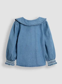 JoJo Maman Bébé Denim Blue Floral Frill Collar Blouse