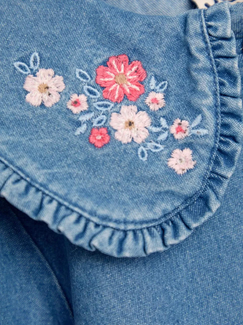 JoJo Maman Bébé Denim Blue Floral Frill Collar Blouse