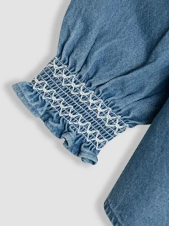 JoJo Maman Bébé Denim Blue Floral Frill Collar Blouse