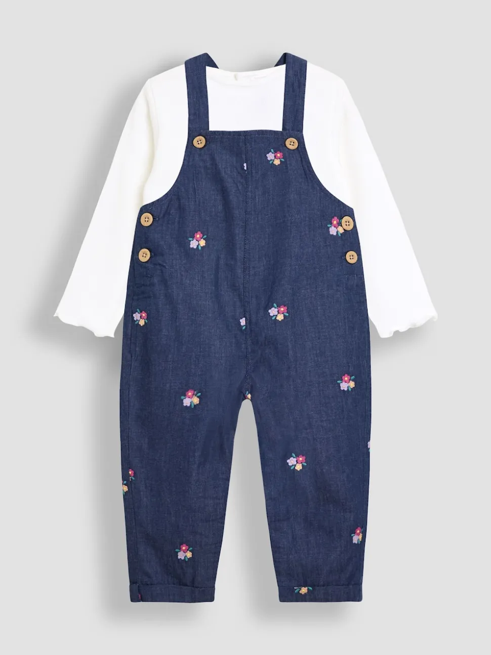JoJo Maman Bébé Denim Blue Floral Chambray Embroidered Dungarees & Rib Top Set