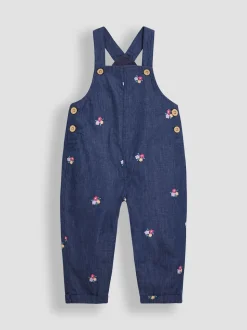 JoJo Maman Bébé Denim Blue Floral Chambray Embroidered Dungarees & Rib Top Set