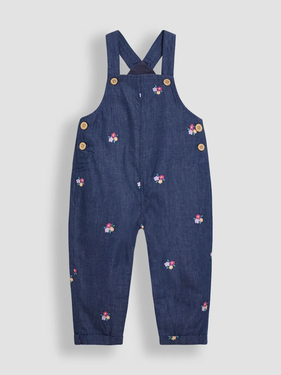 JoJo Maman Bébé Denim Blue Floral Chambray Embroidered Dungarees & Rib Top Set