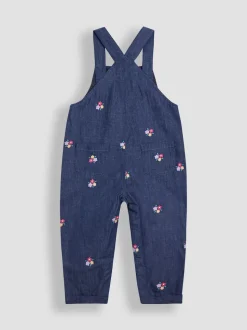 JoJo Maman Bébé Denim Blue Floral Chambray Embroidered Dungarees & Rib Top Set