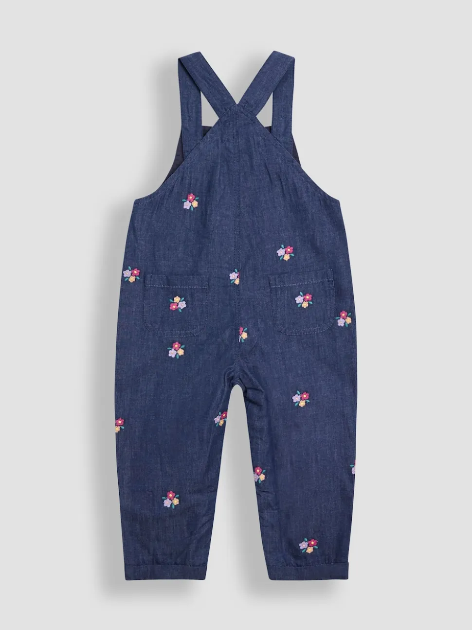 JoJo Maman Bébé Denim Blue Floral Chambray Embroidered Dungarees & Rib Top Set
