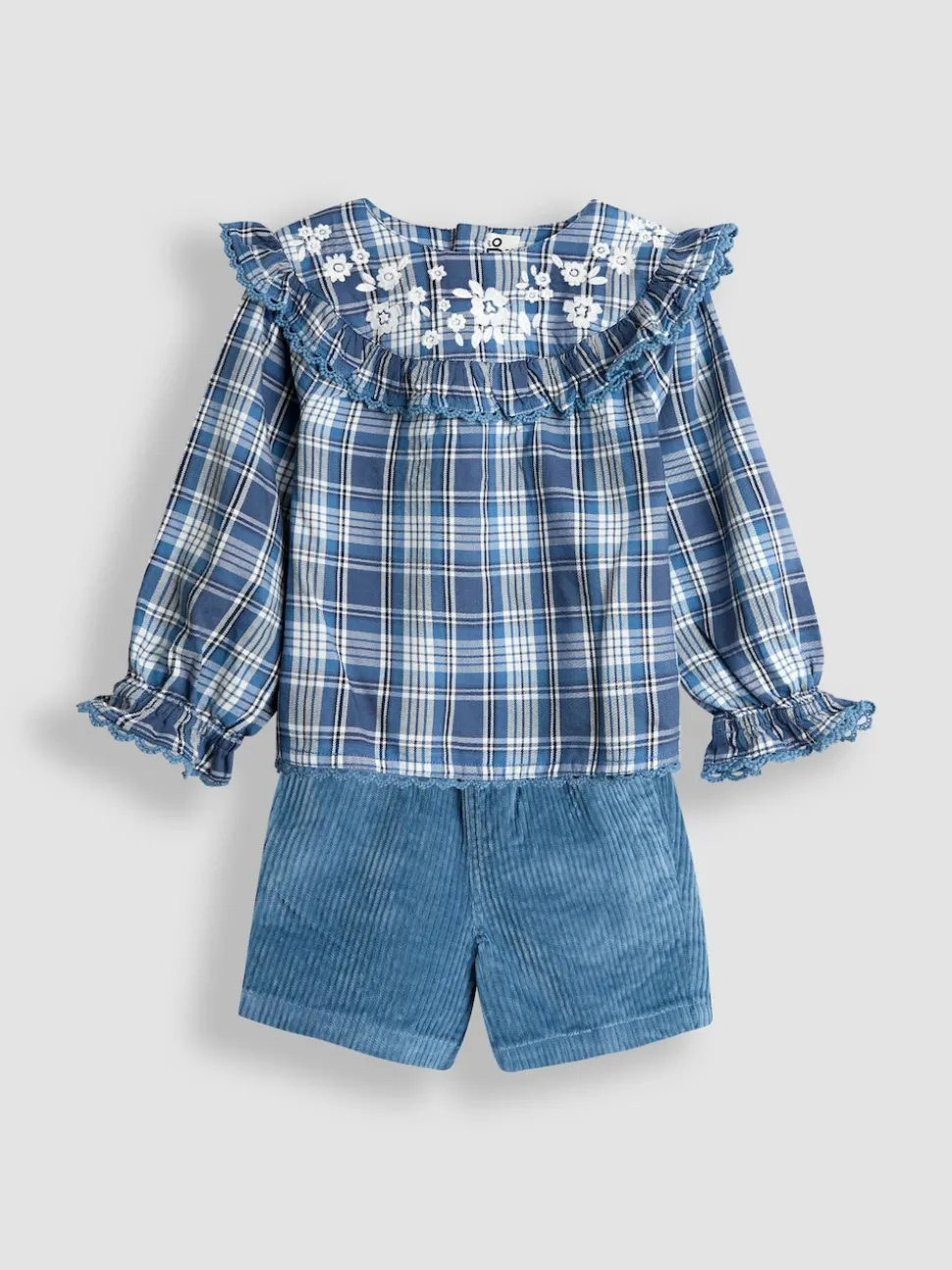 JoJo Maman Bébé Denim Blue Floral Embroidered Blouse & Shorts Set