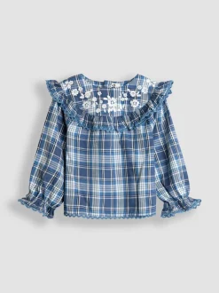 JoJo Maman Bébé Denim Blue Floral Embroidered Blouse & Shorts Set