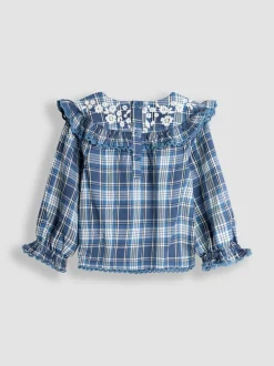JoJo Maman Bébé Denim Blue Floral Embroidered Blouse & Shorts Set