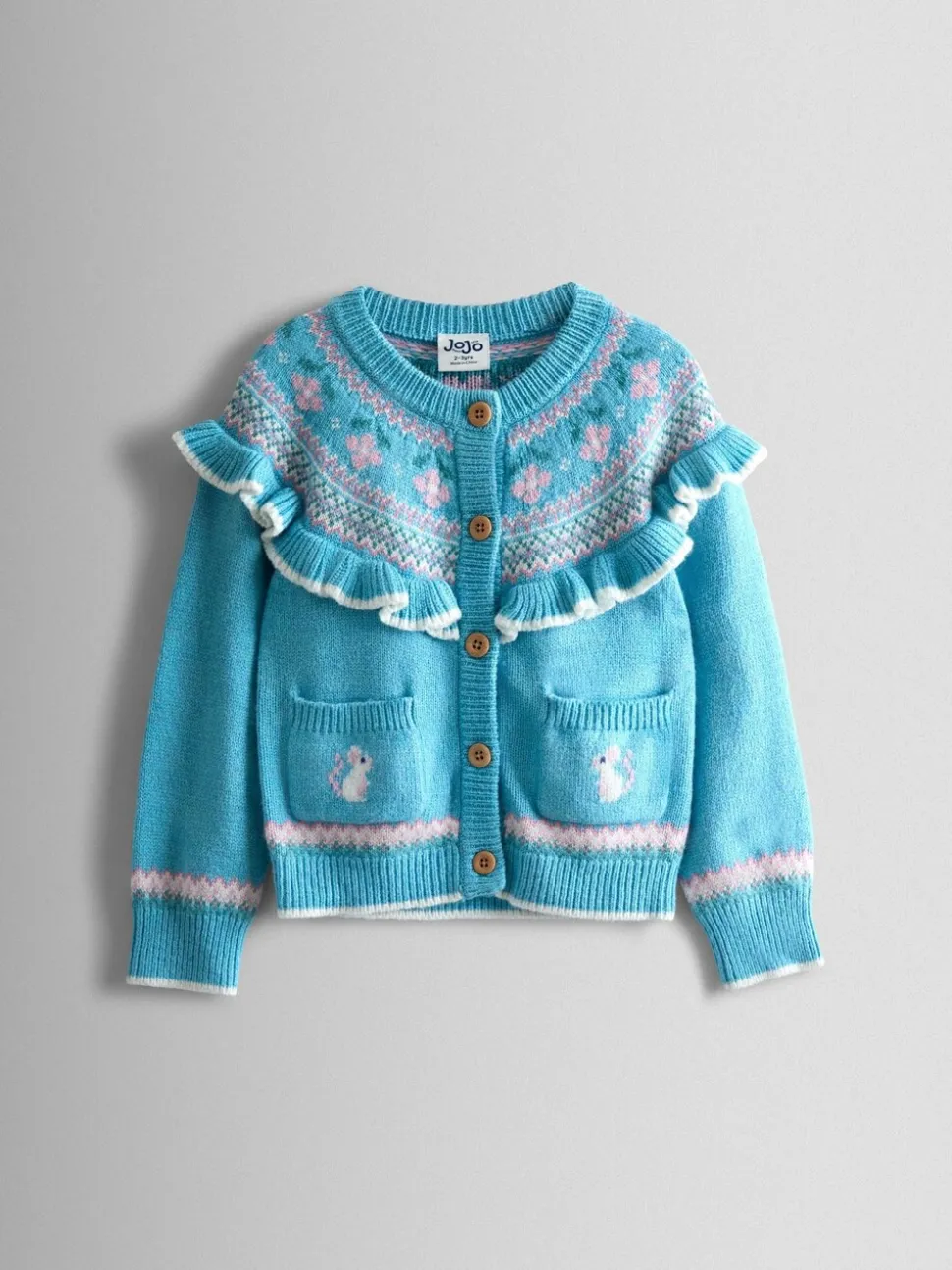 JoJo Maman Bébé Duck Egg Blue Mouse Frill Yoke Fair Isle Cardigan