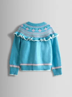 JoJo Maman Bébé Duck Egg Blue Mouse Frill Yoke Fair Isle Cardigan