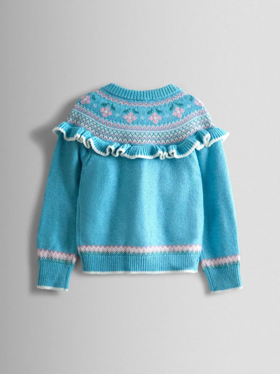 JoJo Maman Bébé Duck Egg Blue Mouse Frill Yoke Fair Isle Cardigan