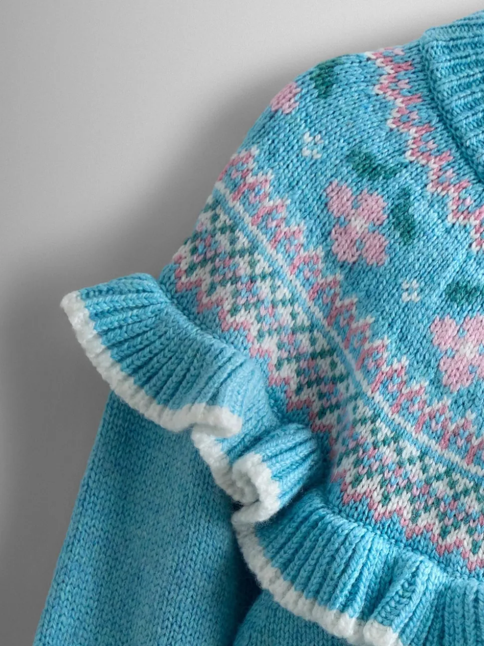 JoJo Maman Bébé Duck Egg Blue Mouse Frill Yoke Fair Isle Cardigan