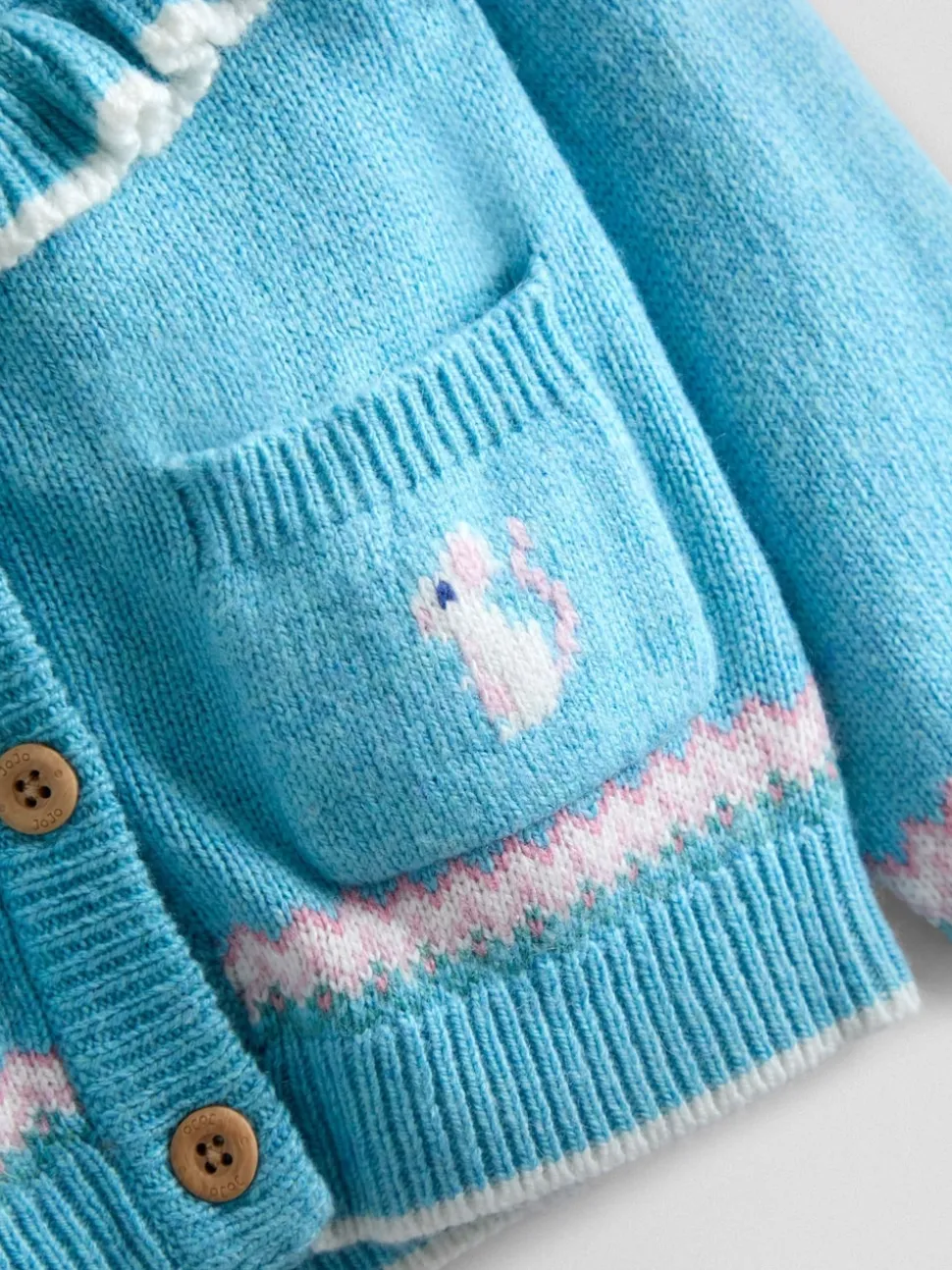 JoJo Maman Bébé Duck Egg Blue Mouse Frill Yoke Fair Isle Cardigan