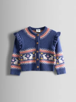 JoJo Maman Bébé Dusky Blue Bunny Frill Shoulder Fair Isle Cardigan