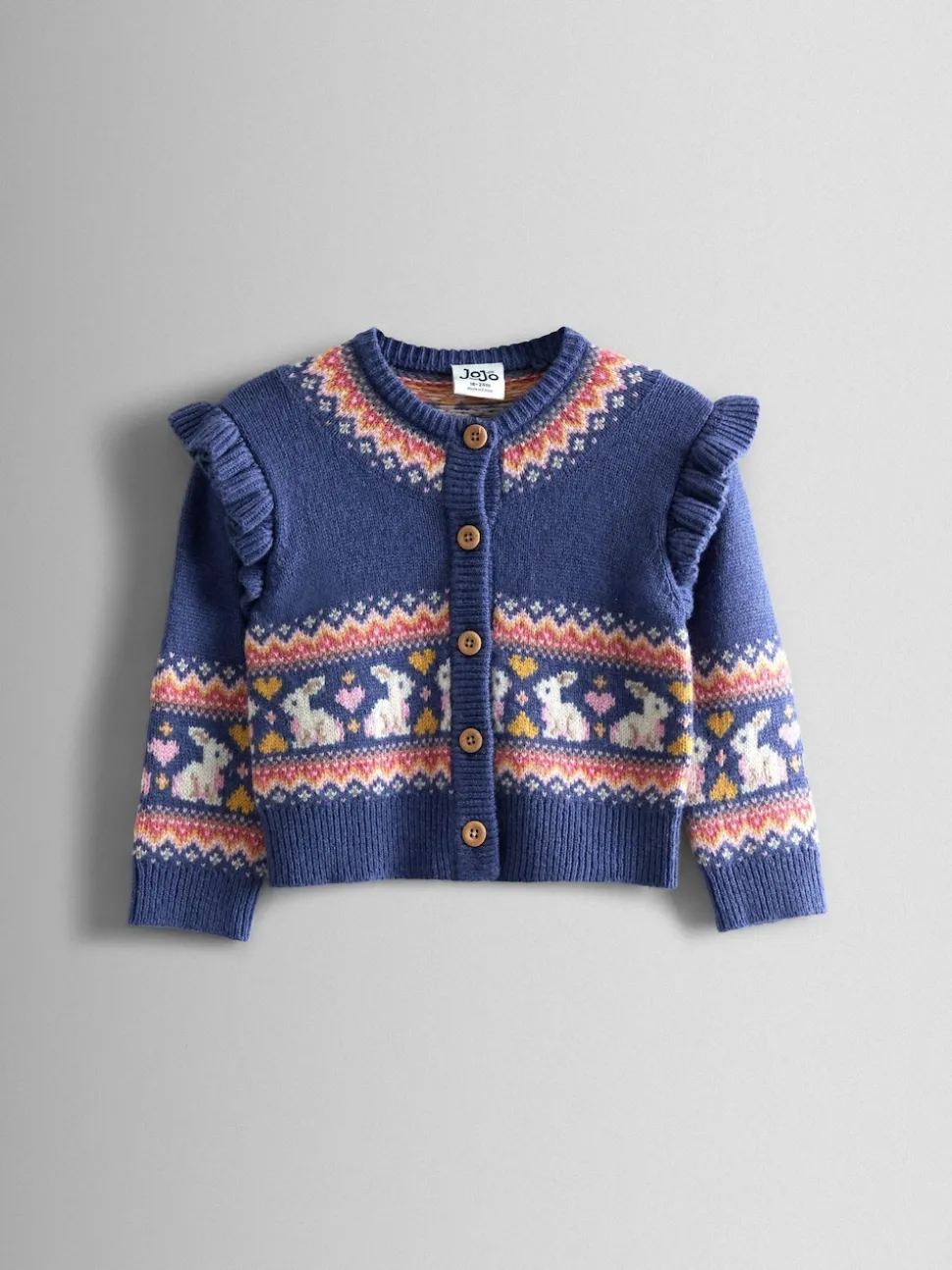 JoJo Maman Bébé Dusky Blue Bunny Frill Shoulder Fair Isle Cardigan