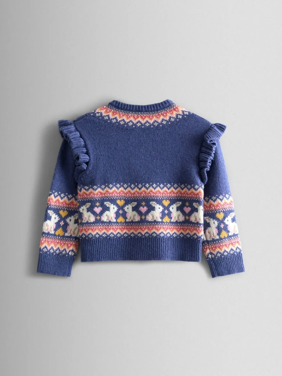 JoJo Maman Bébé Dusky Blue Bunny Frill Shoulder Fair Isle Cardigan