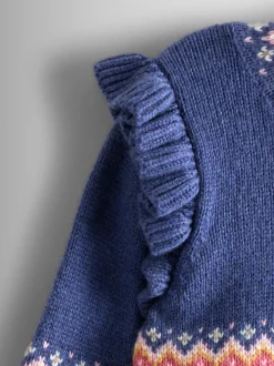 JoJo Maman Bébé Dusky Blue Bunny Frill Shoulder Fair Isle Cardigan
