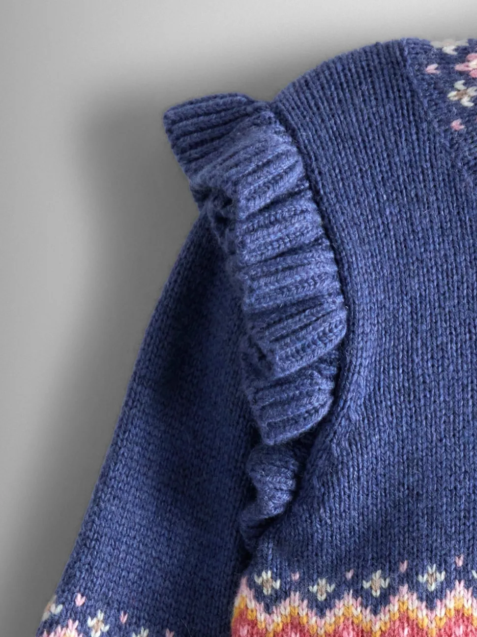 JoJo Maman Bébé Dusky Blue Bunny Frill Shoulder Fair Isle Cardigan
